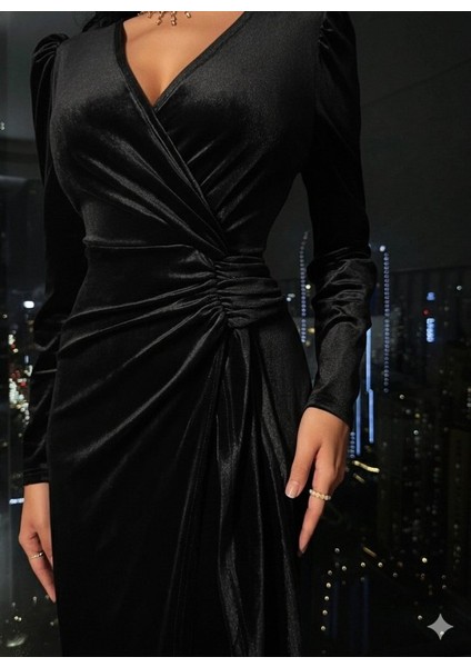 Cottonlab Kadın Uzun Kollu Kruvaze Yakalı Yandan Büzgülü Midi Kadife Elbise modelleri