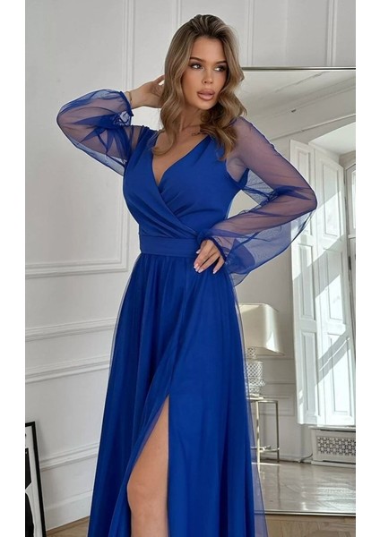 Cottonlab Kadın Uzun Kollu Kruvaze Yakalı Belden Kuşaklı Tüllü Uzun Ithal Krep Elbise fiyatları