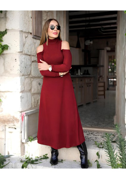 Cottonlab Kadın Balıkçı Yaka Omuzlardan Açık Uzun Kollu Janjan Krep Elbise fiyatları