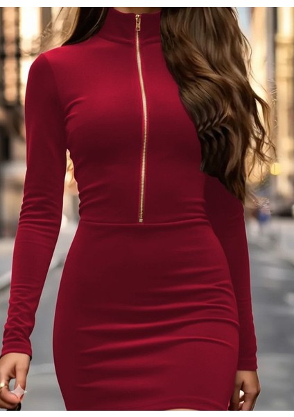 Cottonlab Kadın Uzun Kollu Balıkçı Yaka Yakadan Göğüse Kadar Fermuar Detaylı Mini Kadife Elbise modelleri