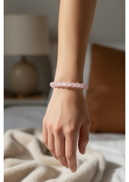 Doğal Pembe Kuvars Bileklik – 8 mm Kristal Aşk Taşı | Minimal & Sanatsal Tasarım