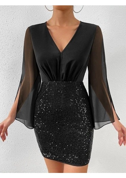 Şifon Kol Detaylı Pul Işlemeli Mini Elbise