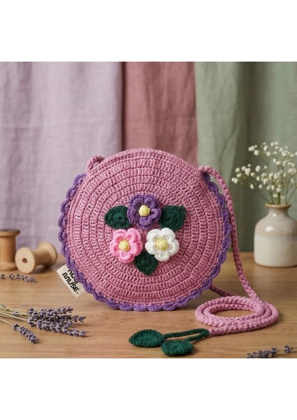 El Örgüsü Kız Çocuk Omuz Çantası - Rosy Garden - Yaprak Askılı - Gül Kurusu