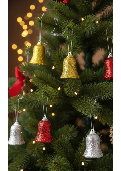 6’lı Simli Çan Figürlü Yılbaşı Ağacı Süsü – Gold / Gümüş / Kırmızı