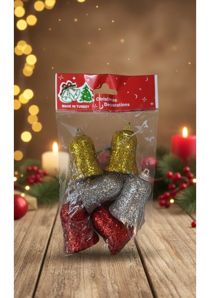 6’lı Simli Çan Figürlü Yılbaşı Ağacı Süsü – Gold / Gümüş / Kırmızı fiyatları