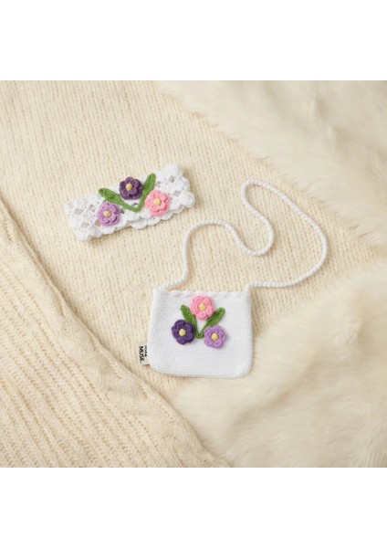El Örgüsü Kız Çocuk Omuz Çantası ve Saç Bandı Seti - Winter Blossom - Beyaz
