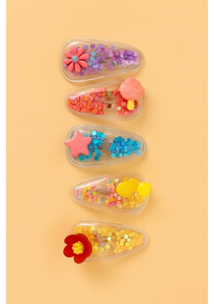 Kız Çoçuk 5'li Simli Mli Şeffaf Toka Seti - Çiçekli,meyveli,sevimli Modeller