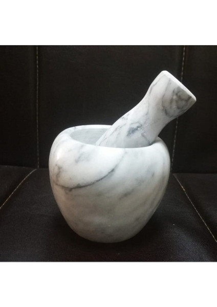 Doğal Desenli Yekpare Mermer Oyma Havan Beyaz Renkli Düz Model