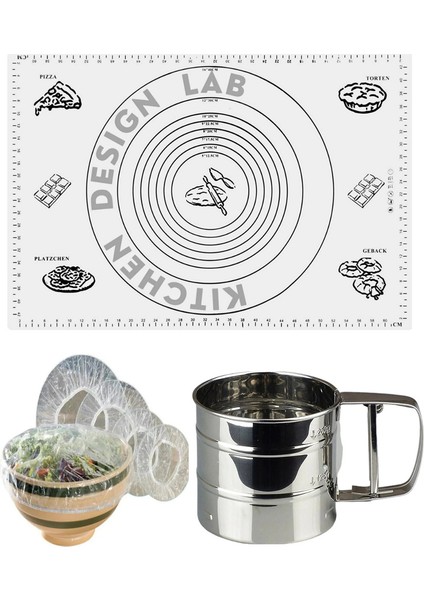 Beyaz 45X65 cm Silikon Hamur Açma Matı, Çelik Un Eleği ve Hamur Dinlendirme Poşeti 8 Li