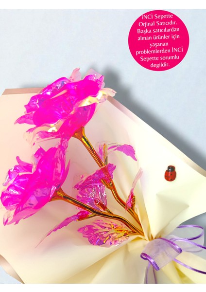 Sonsuzluk Gülü Buketi Hediye Paketli Notlu Özel Set Hologrofik Gül Hediye Paketi, Not Yazılabilir