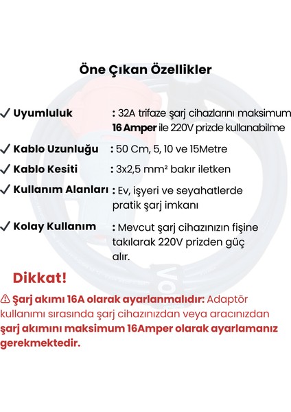 22kW Elektrikli Araç Şarj Cihazı için 10 Metre Monofaze Fişli Dönüştürücü Adaptör modelleri