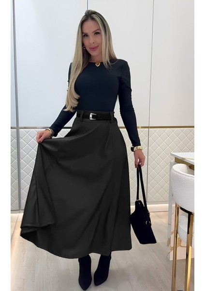 Cottonlab Kadın Yüksek Belli Maxi Deri Kemersiz Etek fırsatları