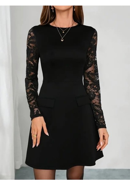 Cottonlab Kadın Uzun Kollu Bisiklet Yaka Kolları Tül Detaylı Mini Ithal Krep Elbise fırsatları