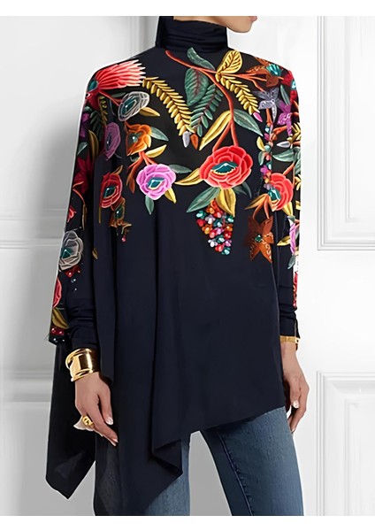 Cottonlab Kadın Uzun Kollu Balıkçı Yaka Asimetrik Kesim Mikro Bluz