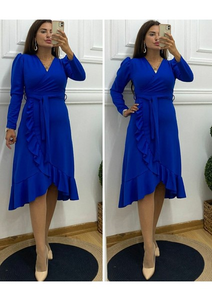 Cottonlab Krep Kumaş Midi Boy Kuşaklı Uzunkol Elbise indirimleri