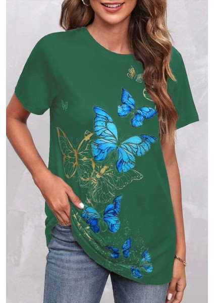 Cottonlab Kadın Kısa Kollu Mavi Sarı Kelebek Baskı Süprem Bluz