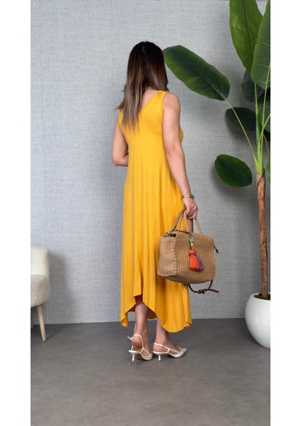 Cottonlab Kadın Çan Dokuma Kumaş V Yaka Asimetrik Kesim Elbise indirimleri