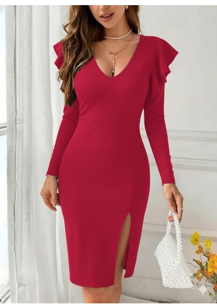 Cottonlab Kadın Uzun Kollu V Yakalı Yandan Yırtmaçlı Midi Ithal Krep Elbise
