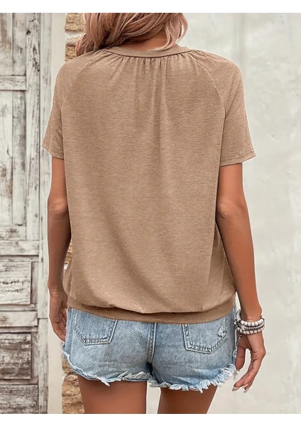 Cottonlab Kadın Kısa Kollu V Yakalı Büzgü Detaylı Viskon Bluz modelleri