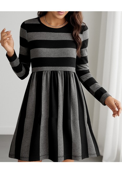 Cottonlab Kadın Uzun Kollu Bisiklet Yaka Çizgili Desen Detaylı Süprem Mini Elbise indirimleri