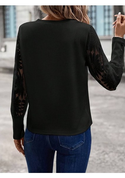 Cottonlab Kadın Uzun Kollu Bisiklet Yaka Kolları Çiçekli Waffle Bluz fiyatları