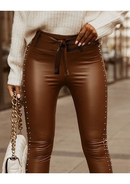 Cottonlab Kadın Yüksek Bel Yanlardan Incili Yırtmaçlı Uzun Deri Tayt modelleri