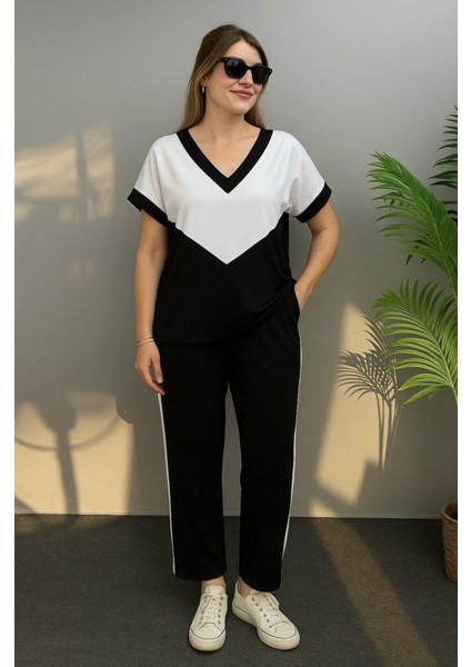 Cottonlab Kadın Kısa Kollu V Yaka Siyah Beyaz Renkli Viskon Iki Iplik Kumaş Eşofman Takımı