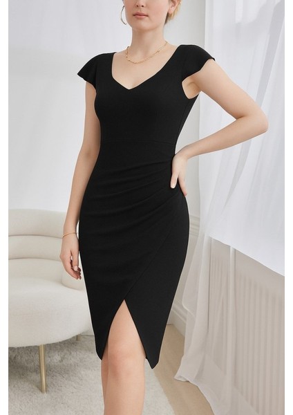 Cottonlab Kadın Kısa Kollu Kalp Yaka Yanlardan Büzgü Detay Midi Janjan Krep Elbise