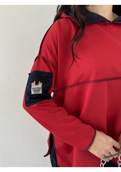 Cottonlab Kadın Kırmızı Kapşonlu Etek Ucu Detay Arma Ters Dikiş Gorunumlu Ikili Takım