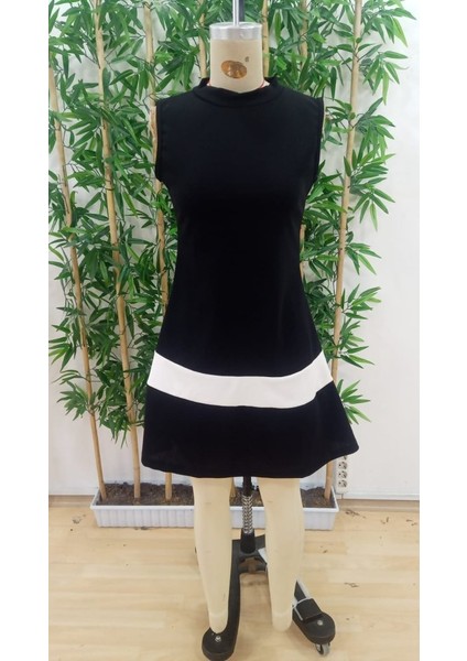 Cottonlab Kadın Sıfır Kol Yarı Balıkçı Yaka Şerit Detaylı Ithal Krep Elbise