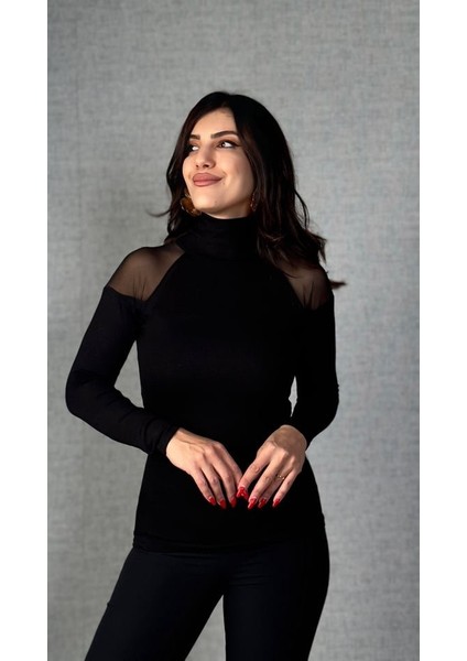 Cottonlab Kadın Omuzları Tül Balıkçı Yaka Viskon Kumaş Bluz