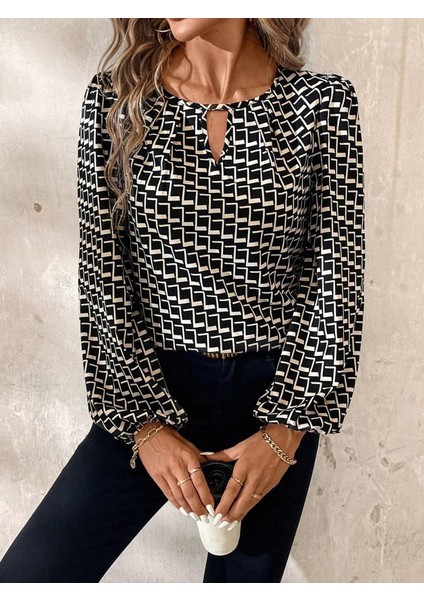Cottonlab Kadın Uzun Kollu Damla Detaylı Yaka Desenli Süprem Bluz fırsatları