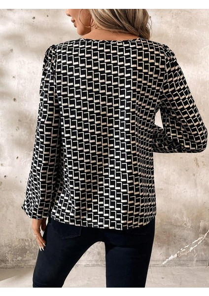 Cottonlab Kadın Uzun Kollu Damla Detaylı Yaka Desenli Süprem Bluz