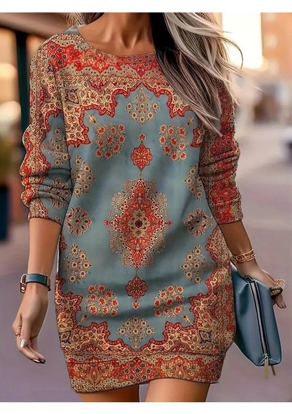Cottonlab Kadın Uzun Kollu Yuvarlak Yaka Desenli Mini Modal Elbise modelleri