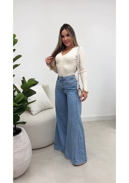 Cottonlab Kadın Yüksek Bel Paçaya Doğru Geniş Kesimli Kot Pantolon indirimleri