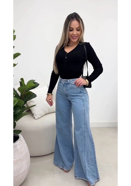 Cottonlab Kadın Yüksek Bel Paçaya Doğru Geniş Kesimli Kot Pantolon