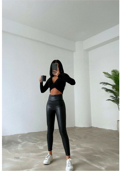 Cottonlab Yüksek Bel Toparlayıcı Içi Şardonlu Deri Tayt