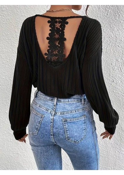 Cottonlab Kadın Uzun Kollu V Yakalı Pencere Sırt Dantel Detaylı Kalın Fitilli Kaşkorse Bluz