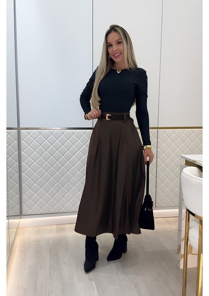 Cottonlab Kadın Yüksek Belli Maxi Deri Kemersiz Etek modelleri