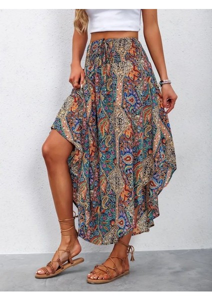 Cottonlab Kadın Beli Lastikli Bağcıklı Asimetrik Kesim Detaylı Desenli Bürümcük Etek modelleri