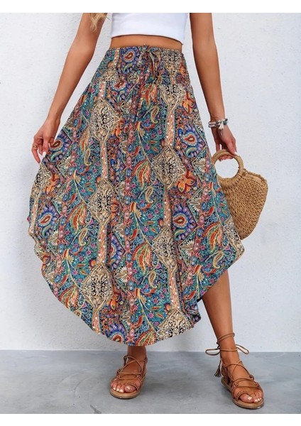 Cottonlab Kadın Beli Lastikli Bağcıklı Asimetrik Kesim Detaylı Desenli Bürümcük Etek indirimleri