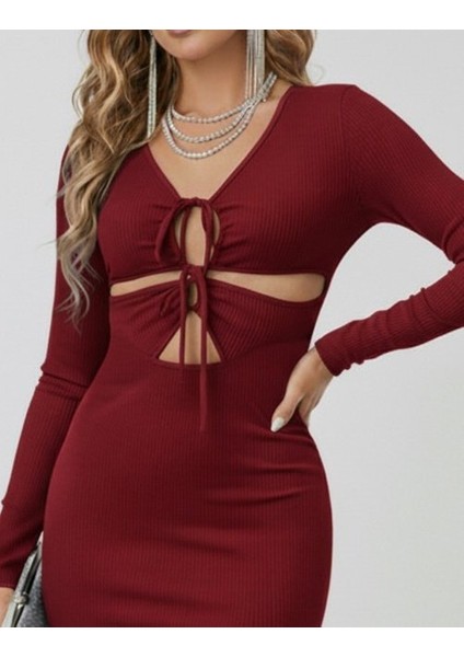 Cottonlab Kadın Uzun Kollu Göğüs ve Göbek Dekolte Detay Sandy Midi Boy Elbise fiyatları