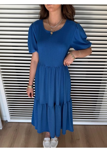 Cottonlab Kadın Kısa Kollu Yakası Açık Katlı Bürümcük Balon Elbise fiyatları