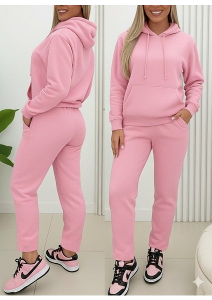 Cottonlab Kadın Uzun Kollu Kapşonlu Bağcıklı Üç Iplik Bluz ve Pantolon Ikili Takım