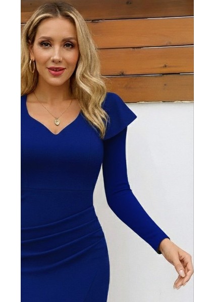 Cottonlab Kadın Uzun Kollu Kalp Yaka Önden Çapraz Detaylı Midi Ithal Krep Elbise fiyatları