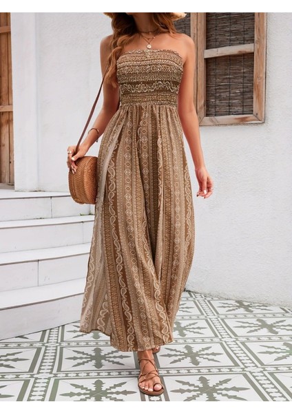 Cottonlab Kadın Yakası Gipe Detaylı Önden Yırtmaç Detaylı Desenli Süprem Pantolun Etek Tulum indirimleri