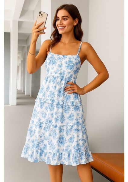 Cottonlab Kadın Sıfır Kol Askılı Dekolteli Yırtmaç Detay Çiçek Baskılı Süprem Midi Elbise