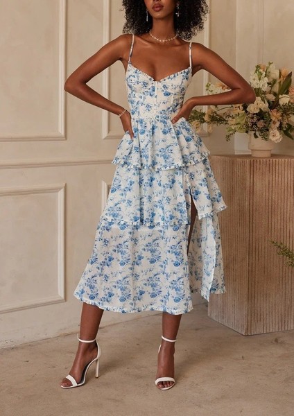 Cottonlab Kadın Sıfır Kol Askılı Dekolteli Yırtmaç Detay Çiçek Baskılı Süprem Midi Elbise