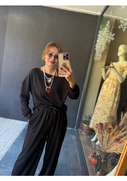 Cottonlab Kadın Uzun Kollu Tek Omuzdan Açık Viskon Iki Iplik Bluz ve Pantolon Ikili Takım