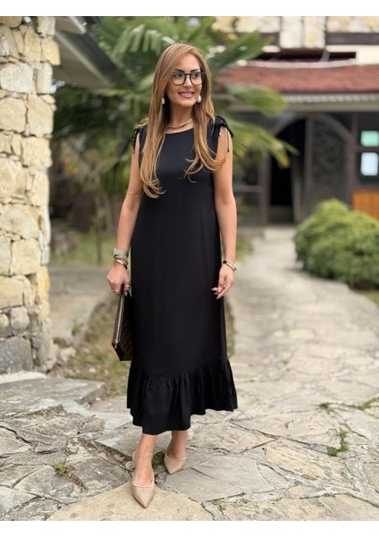 Cottonlab Kadın Omuzlardan Büzgülü Kayık Yaka Fırfırlı Janjan Krep Elbise indirimleri